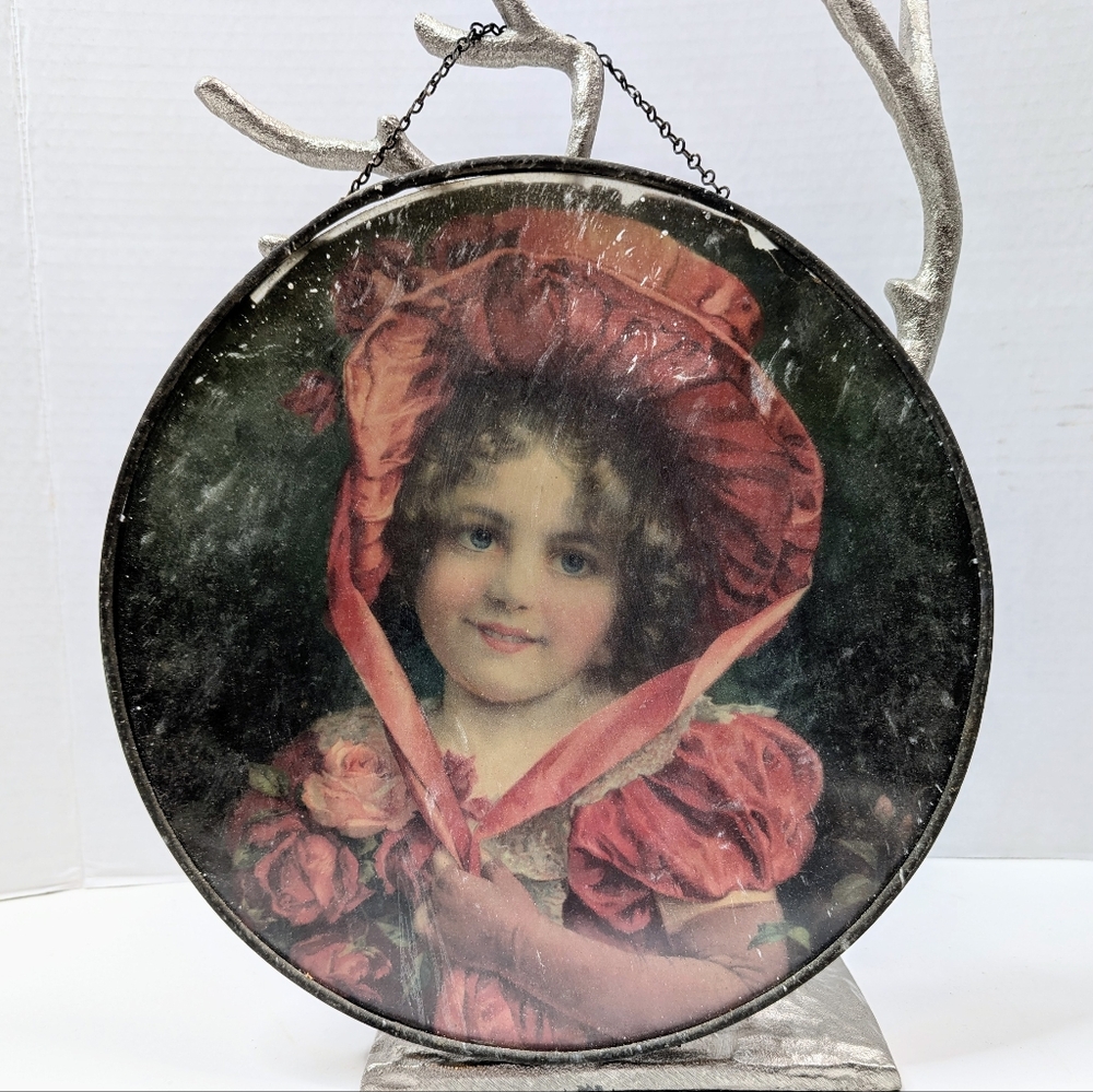 Vintage Chimney Flue Cover Vivid Victorian Girl White Red Roses Round Tin Frame